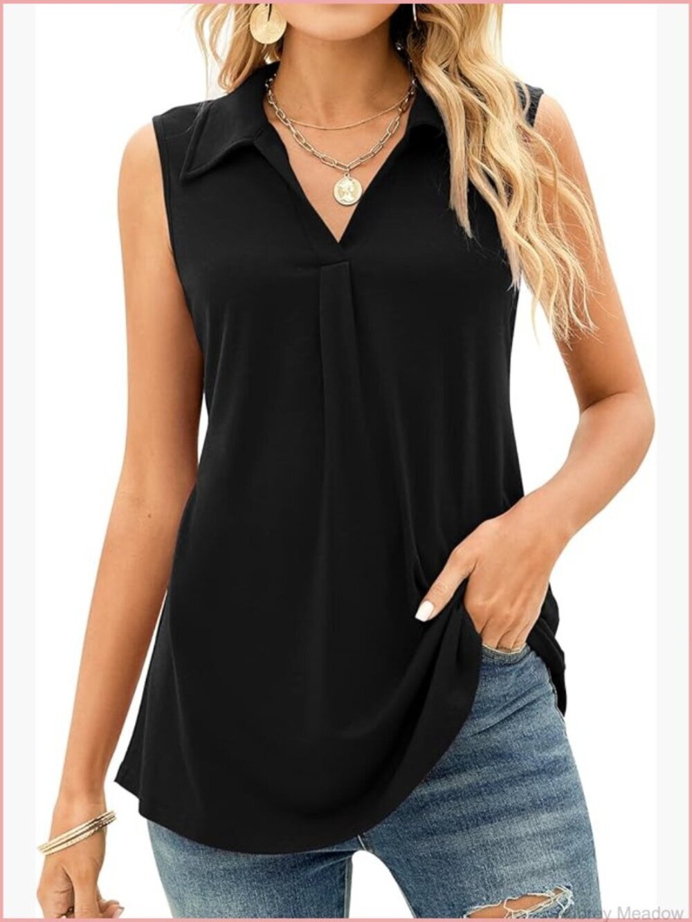 Sleeveless V Neck Tank Top for Women - Summer Casual Loose Fit Polo Shirt